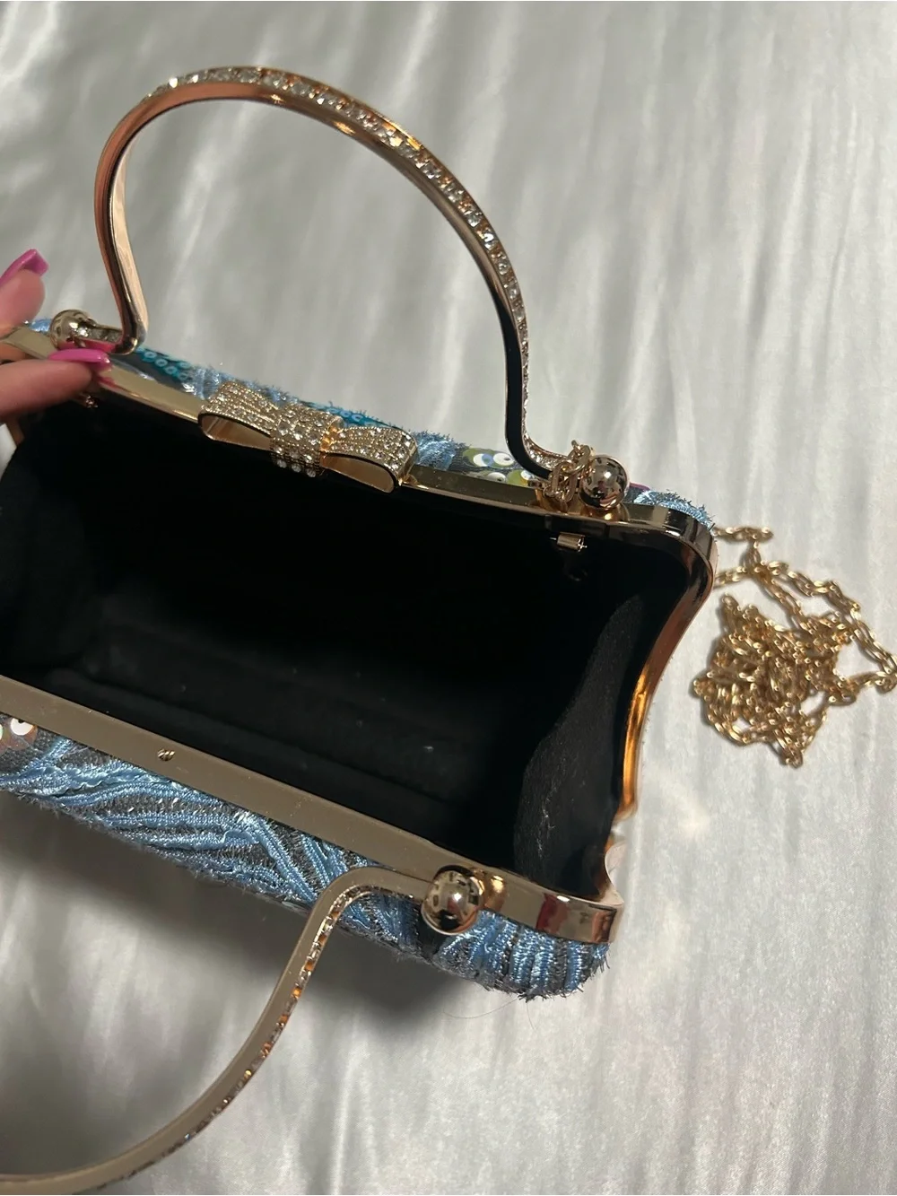 Blue Sequin Embellished Top-Handle Clutch